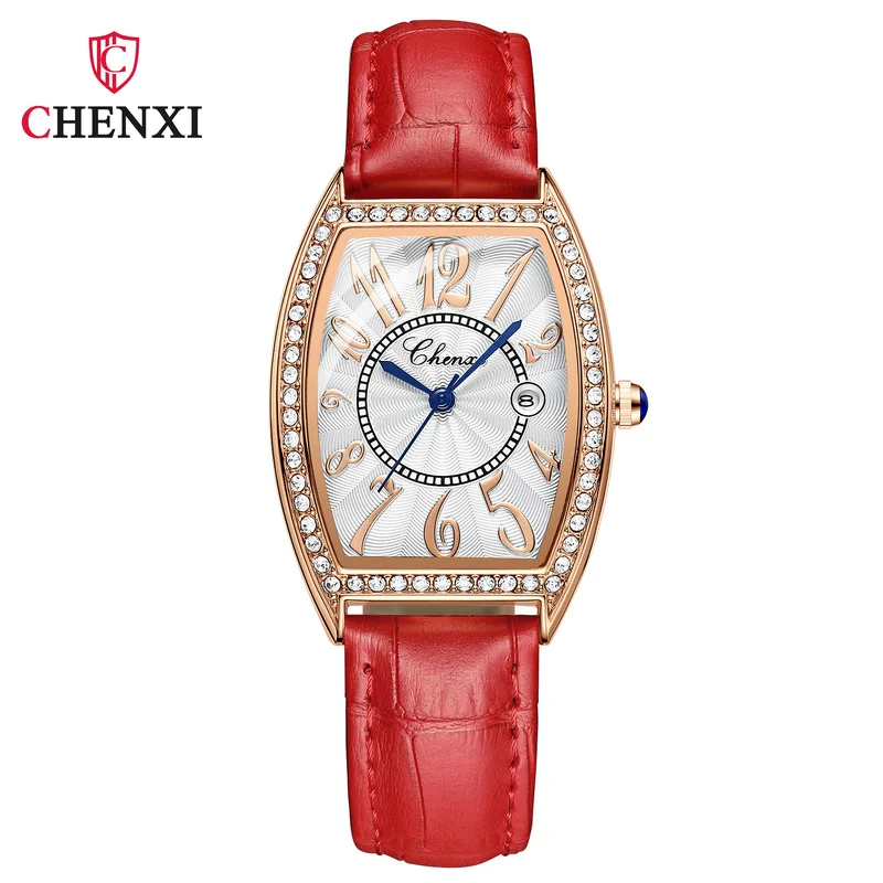 

CHENXI 2021 New Watch Ladies Calendar Wine Barrel Type with Diamond Leather Strap Luxury High-end Woman Watch WA203