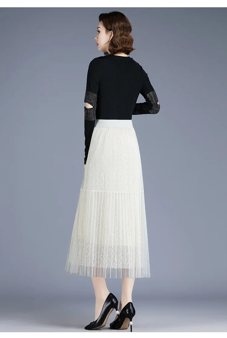 

Mesh Lace Splice Black Pleated Skirt 2021 Summer Women Fashion High Waist Loose Elegant Big Swing Casual Long Woman Skirts X890
