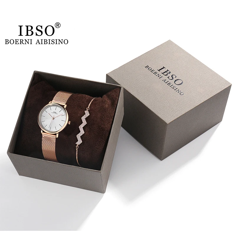 

IBSO Women's Watches Bracelet Set 8mm Ultra thin Silver Mesh Stainless Steel Strap Quartz Clock Hours Sets Ladies Birthday Gift