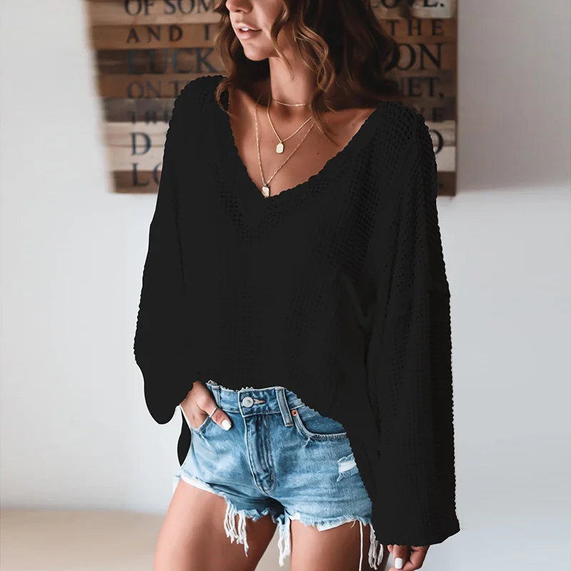 

Autumn Elegant Women V-Neck Hollow Long-Sleeved Tops Shirts Fashion Chic Solid Lantern Sleeve Pullovers Lady Casual Loose Blouse