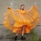 Оранжевое платье из очень пышного тюля для женщин, платье для фотосъемки с пышными рукавами в несколько рядов, платье Birdhda, вечерние платья из тюля с высоким и низким вырезом и оборками