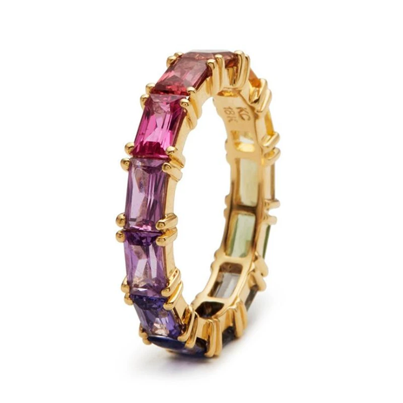 

Women Luxury Eternity Wedding Band Ring Princess Rainbow Cut Zircon Fashion Female Jewelry Anniversary Gift Full Square CZ Rings