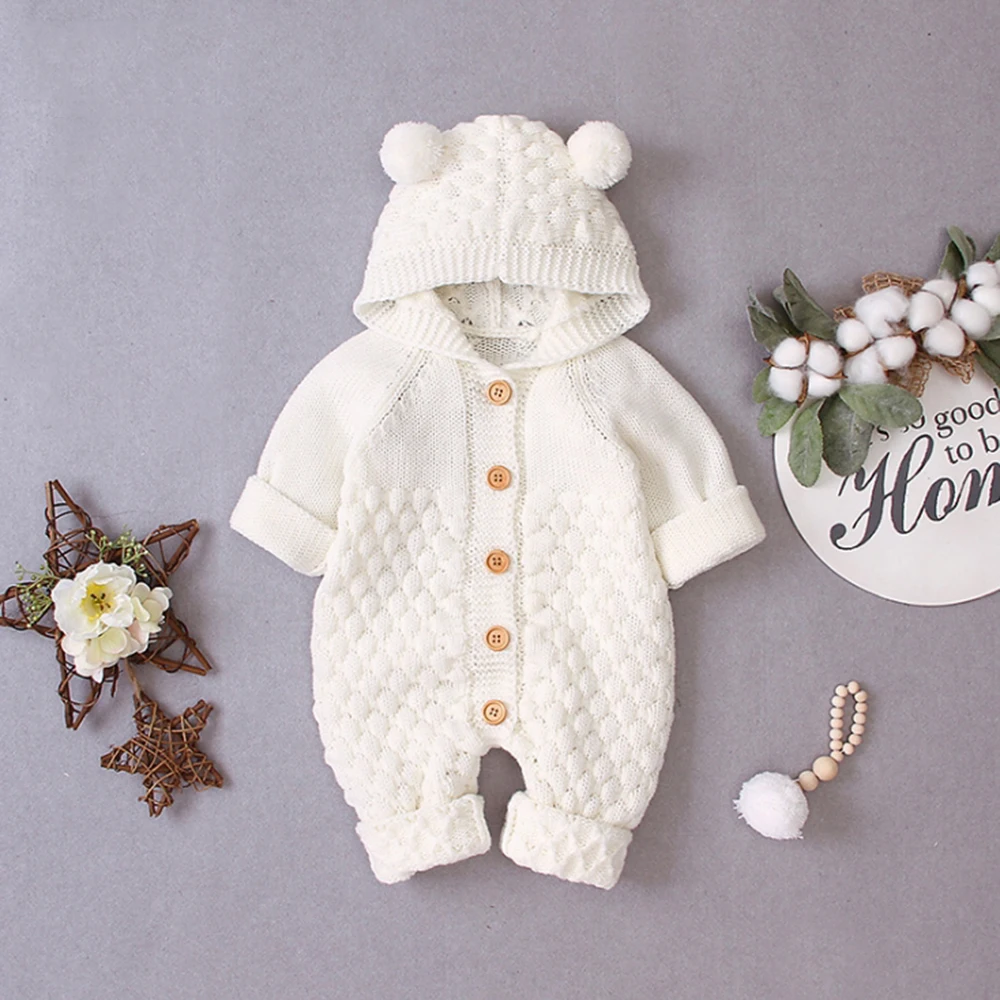 white LOOZYKIT/детские вязаные комбинезоны с рисунком медведя; Осенний комбинезон для новорожденных мальчиков; зимний свитер с длинными рукавами; Детский комбинезон - Цвет: white