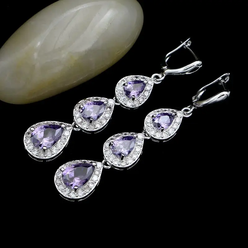 Набор ювелирных изделий из серебра 925 пробы с фиолетовым и белым кристаллами в форме капли на длинных серьгах/подвеске/ожерелье/браслете/кольце для женщин