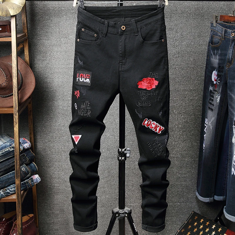 

Streetwear Embroidered Jeans Pants Men Clothing Slim Fit Stretch Denim Pants Mens Trousers Black Blue Straight Motorcycle Jeans