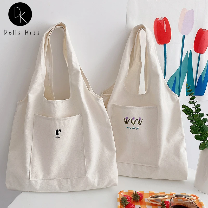 

Дамская холщовая Сумочка, японский простой маленький саквояж на плечо с цветочной вышивкой, большой повседневный тоут для продуктов для де...