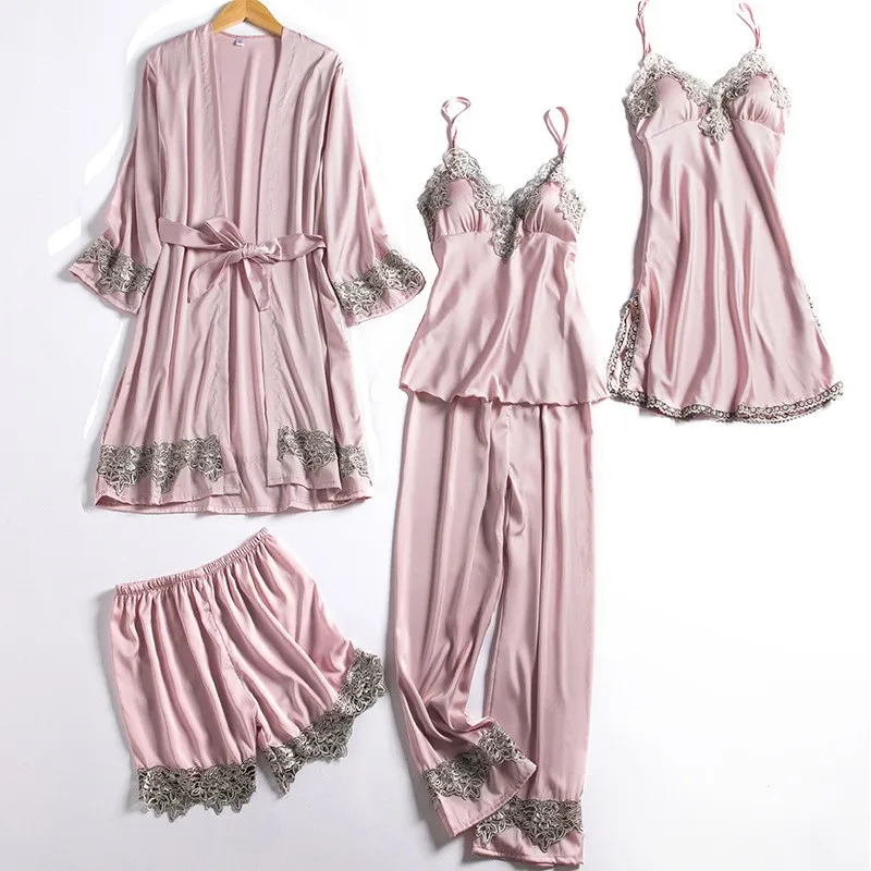 

Women Kimono Bathrobe Gown Satin 5PCS Nighty&Robe Suit Lace Sleep Set Nightwear Nightgown Casual Intimate Lingerie Nightdress