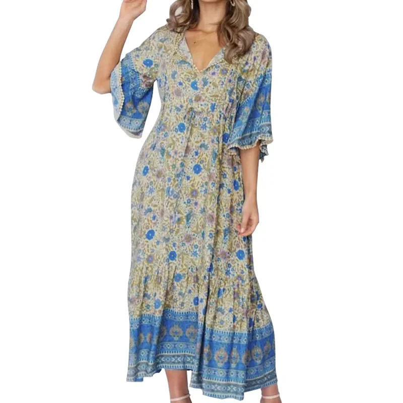 Платье женское в стиле бохо для отпуска Пляжное Свободное платье цыганском с