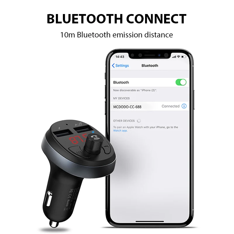MCDODO fm-передатчик светодиодный двойной зарядное устройство USB Авто Bluetooth 4,2 громкой связи беспроводной автомобильный аудио-MP3-плеер для iPhone Xiaomi