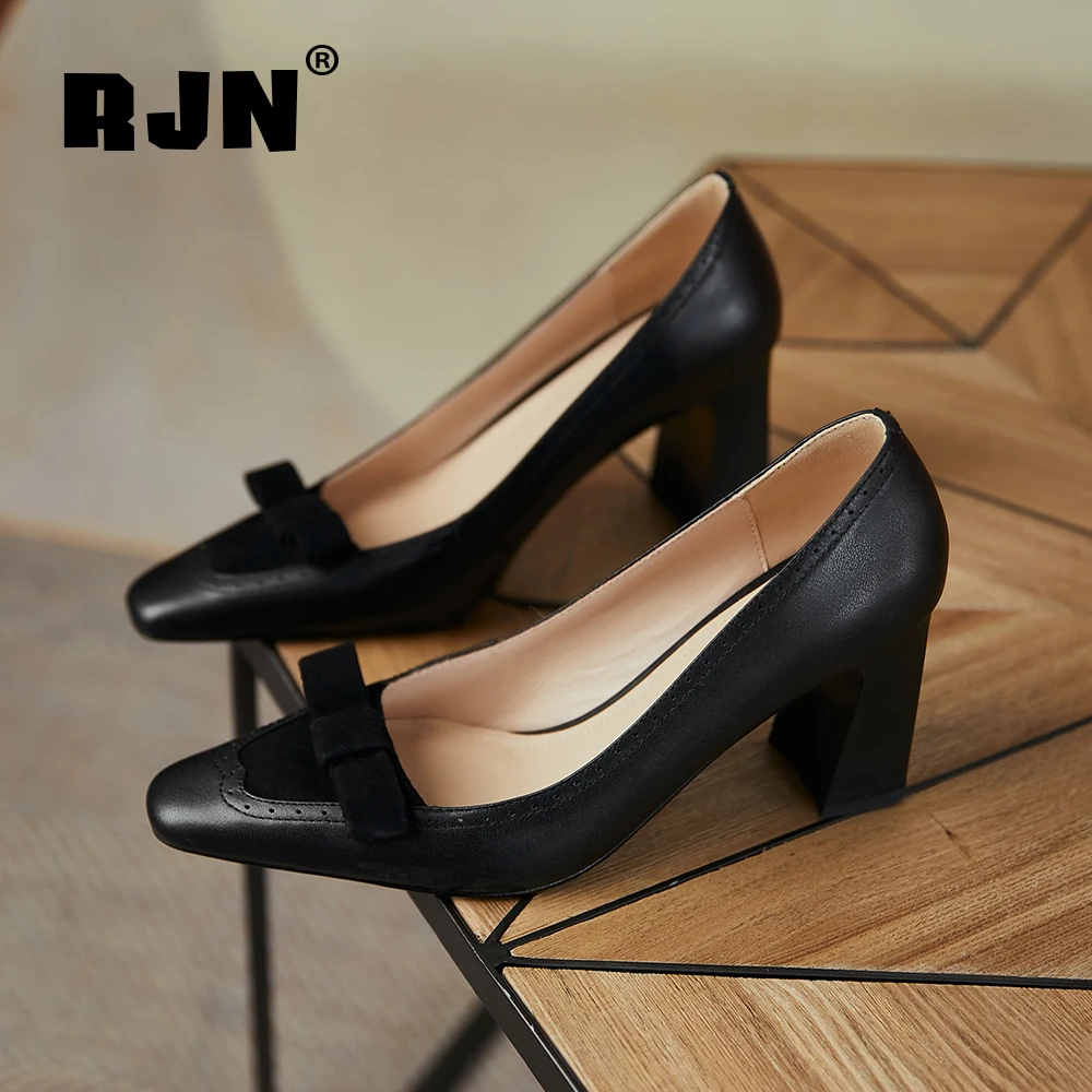 

RJN Spring New Genuine Leather Women‘s Shoes high quality Retro Square Toe comfortable Handmade Shallow Office Lady Pumps RO568