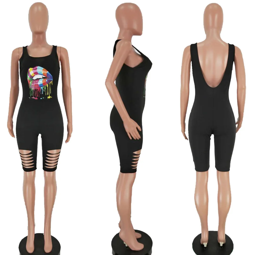 Летние пикантные комбинезон для женщин рваные укороченные Боди без рукавов с