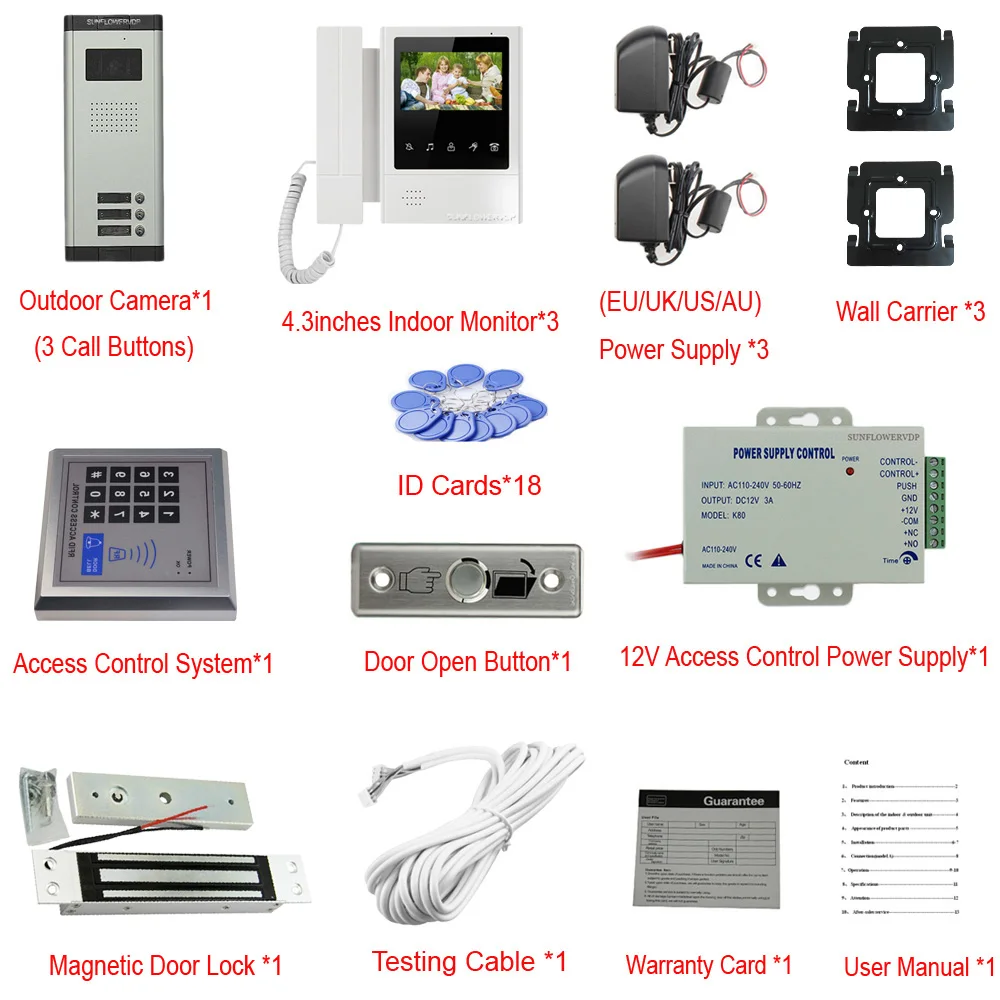 For 3 Multi-Units Wired Video Intercom Bell Quality Video Doorbell Hands-Free & Handle Home Intercom Magnetic Door Lock Full Kit