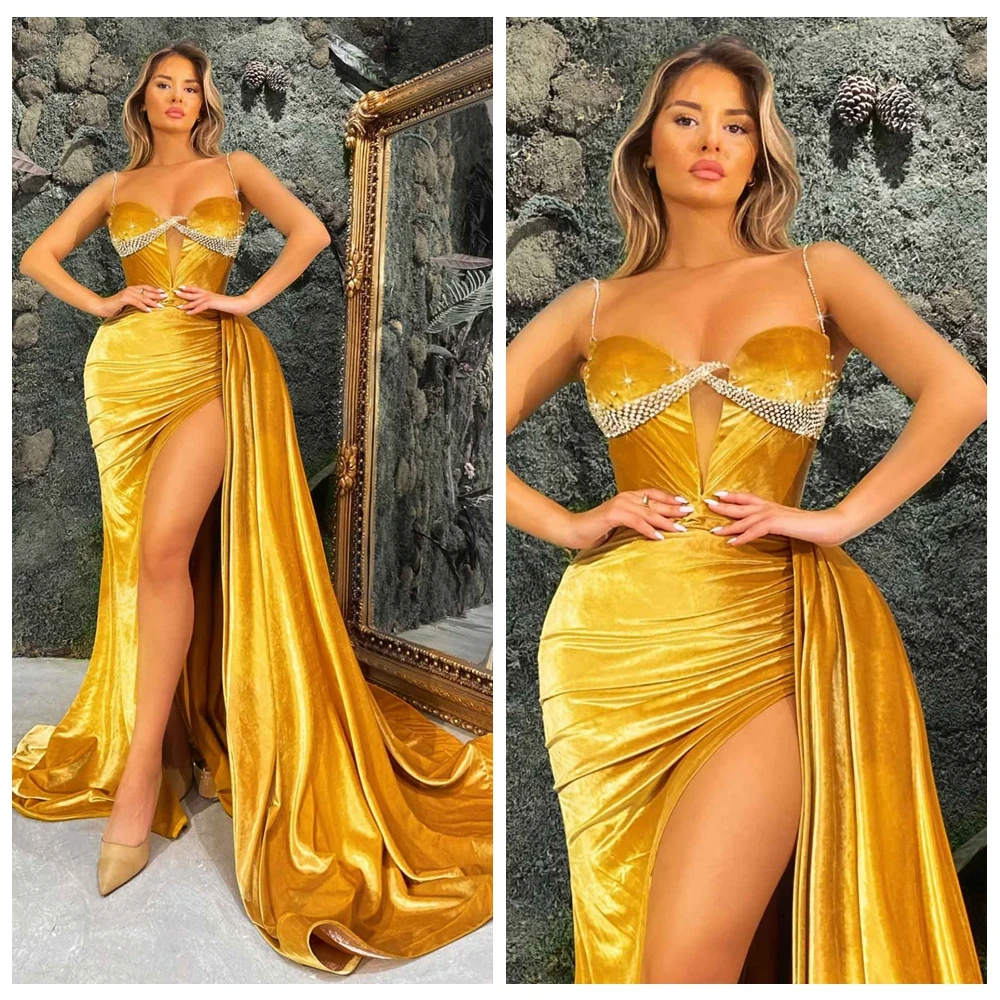 

Yipeisha Velvet Prom Dresses Sexy Spaghetti Straps Gold Evening Gown with High Slit Sparkly Mermaid Party Banquet Dress New