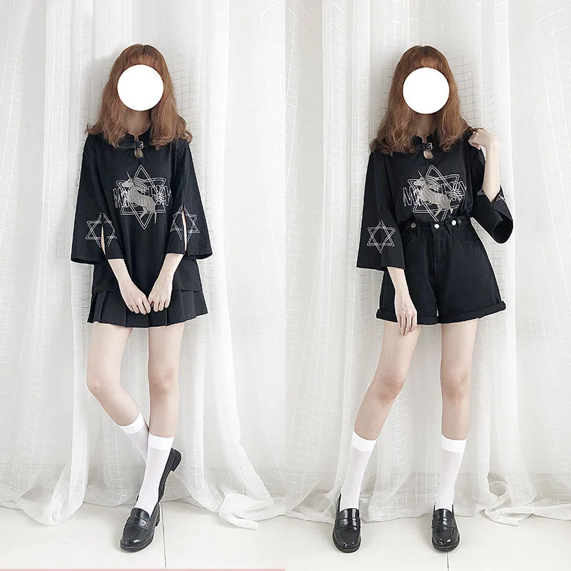 

anime tops Women T-shirt jk uniform Summer autumn Women's clothing kawaii Short sleeve Split Girls harajuku unicorn Black