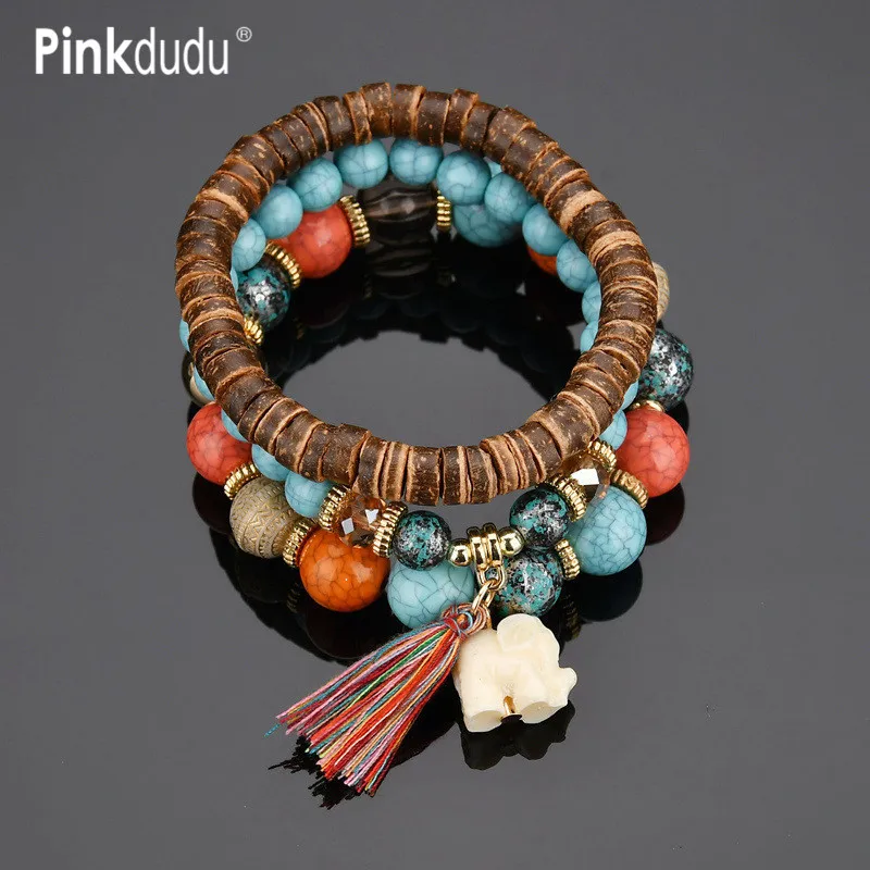 Pinkdudu Новый Бохо этнический многослойный браслет с деревянными бусинами слон