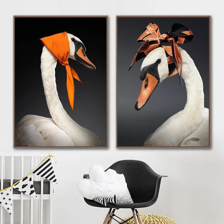 Белый лебедь оранжевый Шелковый шарф настенный арт принт холст живопись
