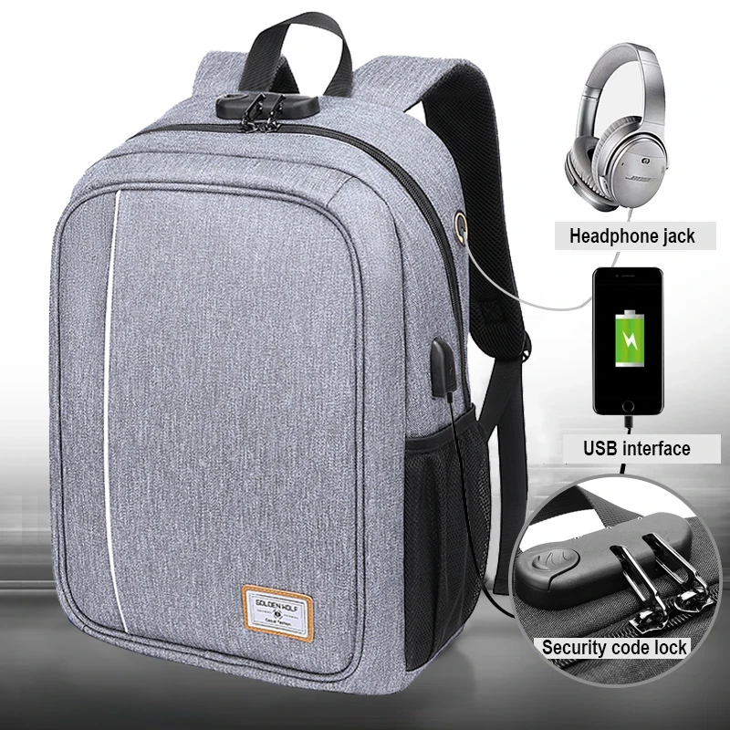 Рюкзак Goloen Wolf splaashproof для ноутбука 17 дюймов с usb зарядкой подростков школьная