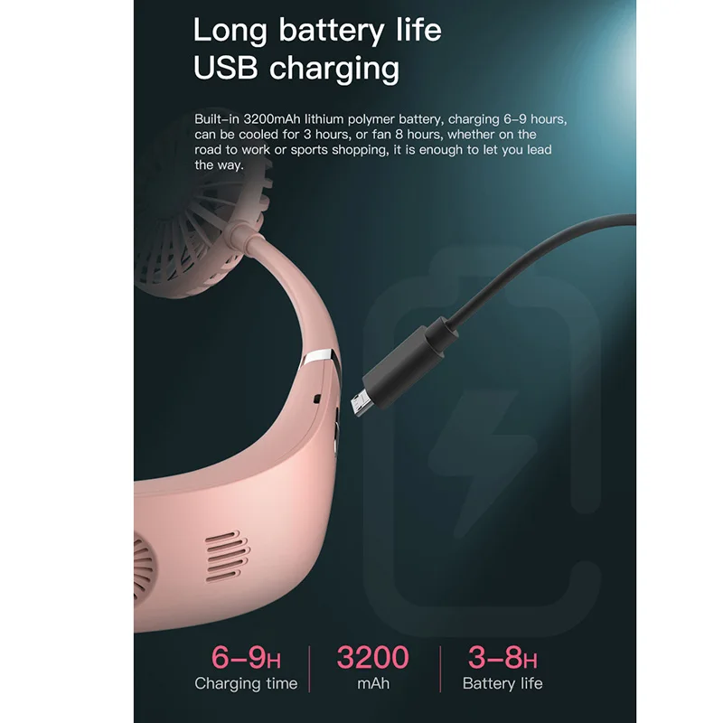

Portable Lazy Sports Halter Fan 2 Fans Mini Hanging Neck Fan USB Rechargeable Cover Halter Cooling Fan