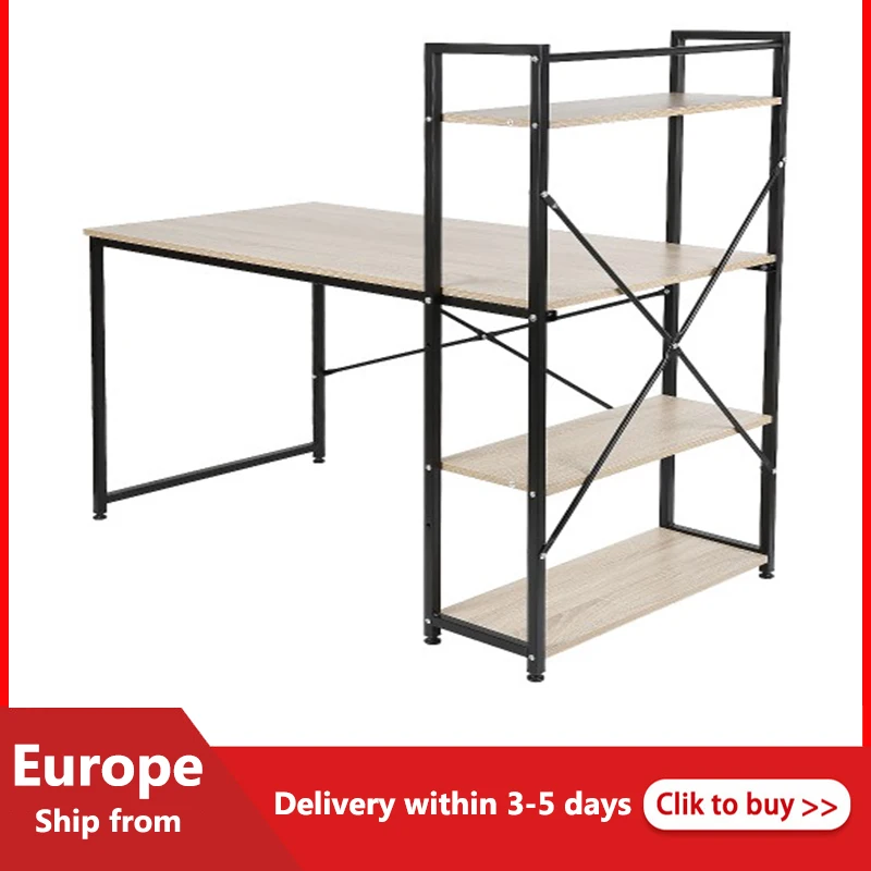 

Desk Modern Style Computer Desk With Bookshelf For Home Office Black And Light Oak Studying Work Bedroom Table 120*64*121cm HWC