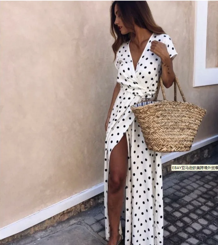 

summer Women's Fashion Boho red Long Dot Dress Split Long Dress High Silt Printed Beach Wave point Dress V-neck Large size S-5XL