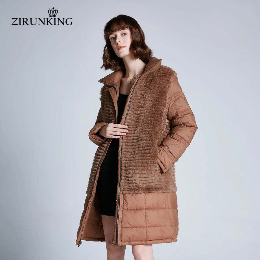 ZIRUNKING Настоящий мех кролика с пуховым пальто для женщин леди реверсивная Меховая