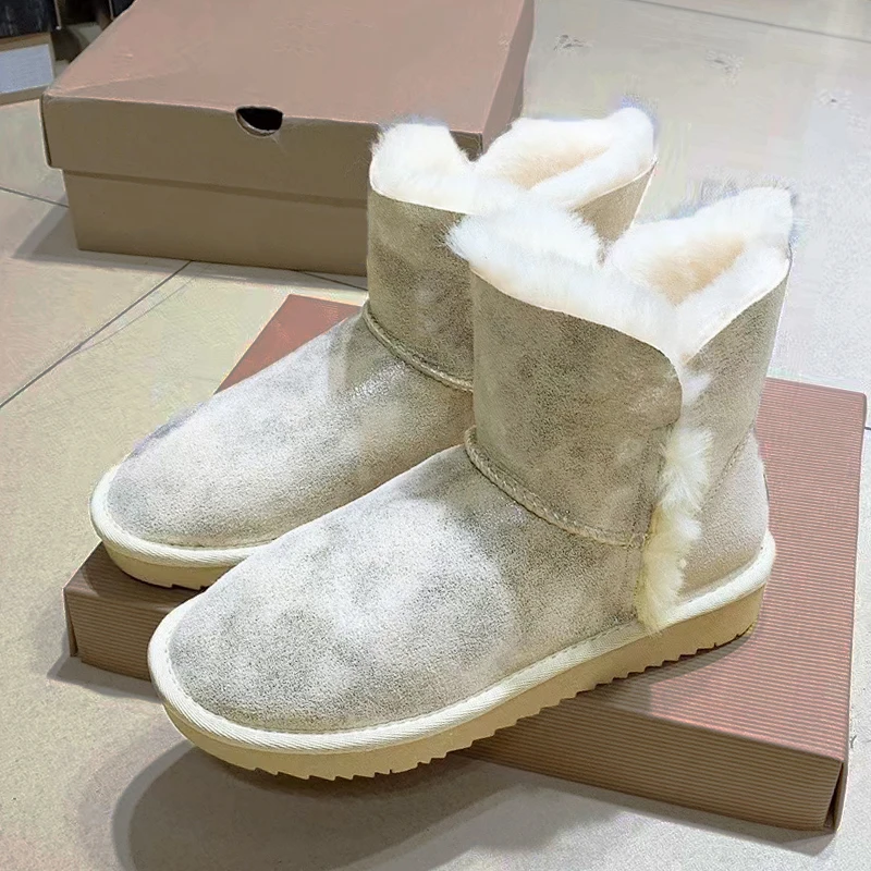 Snow Boots Women's New Winter Sheepskin Genuine Leather Boots Real Wool Non-slip Warm Flat Cotton Shoes