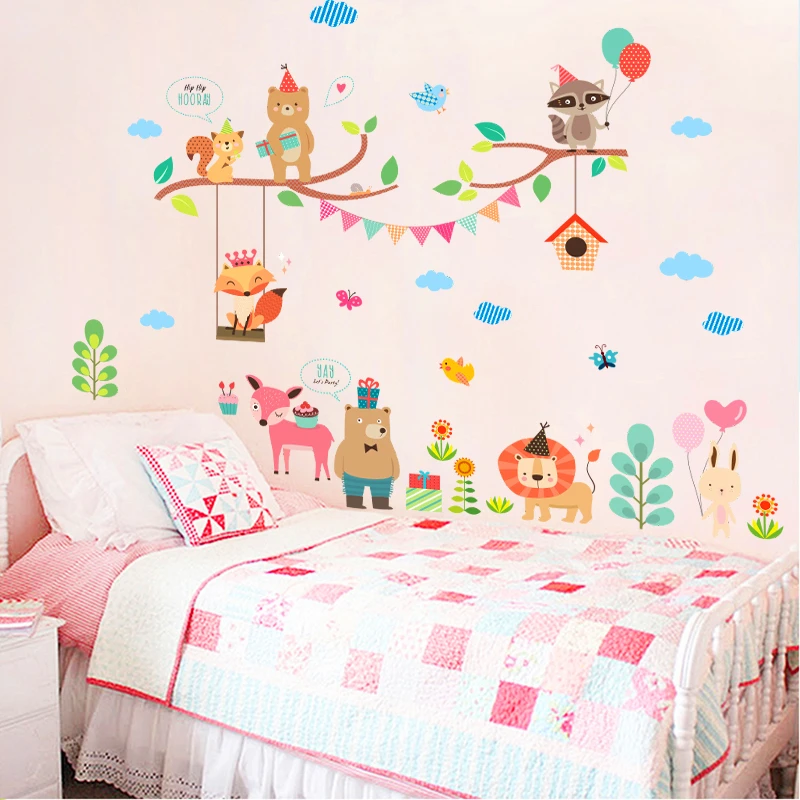 

Lovely Bear Lion Deer Fox Rabbit Branch Wall Stickers for Kids Rooms Decor Cartoon Animals Wall Decals Room Decoration