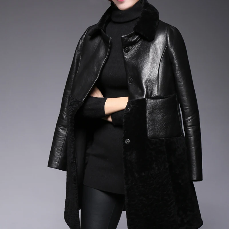 Warm Leather Clothing Ladies' Autumn Winter Medium Length Berber Fleece Splicing Genuine Leather Jacket Women Coat Outerwear