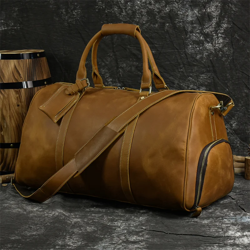 24 inch Big Capacity Genuine Leather Men Travel Bag With Shoe Pocket Vintage Crazy Horse Leather Luuage Bag Large Messenger Bag