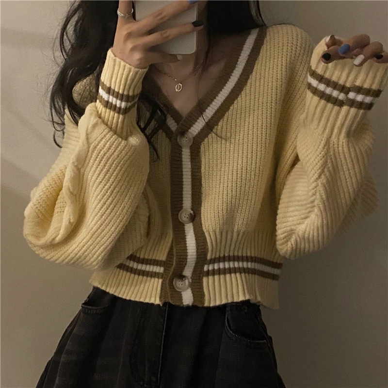 

Korean Chic Autumn Loose Short V Neck Lazy Long Sleeve Striped Sweater Women Coat Clothes Thick Warm Crop Cardigan Casual Retro