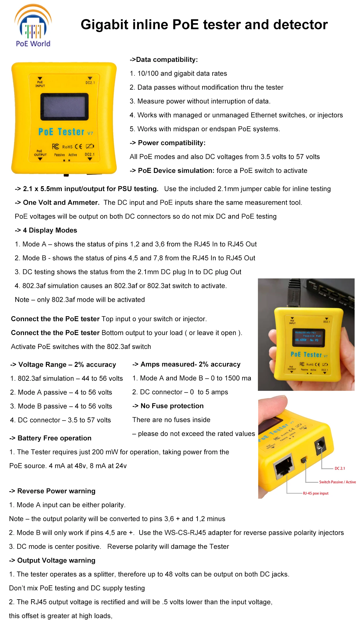 

Quickly identify POE with RJ-45 POE Tester PoE Detector, Inline PoE Voltage, Current and Wattage Tester