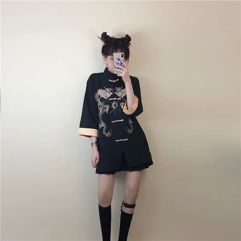 

Summer Japanese new women 2019 Chinese style retro embroidery cardigan buckle middle long shirt female summer thin coat