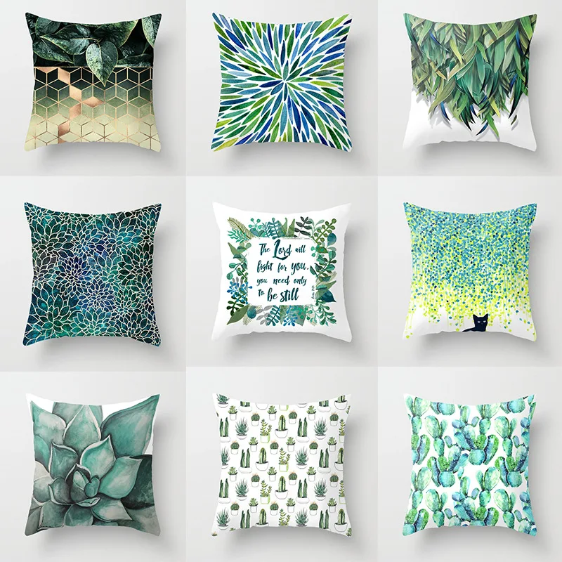 

Hot sale Green plant geometric pillowcase pillowcase cushion cover home decor items sofa decor items peach skin 45*45cm