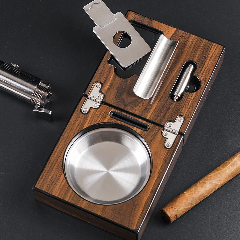 

High-grade Portable Folding Cigar Ashtray Stainless Steel Wood Cigar Ashtray with Smoke Cutter Punch Smoking Accessories