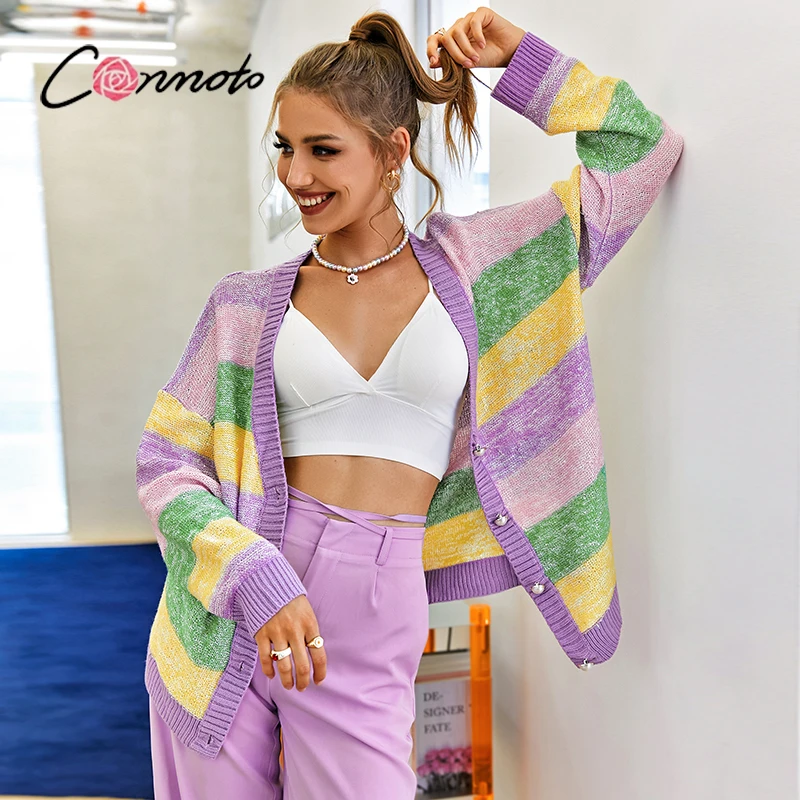 

Conmoto Pearl button V neck Purple Color block Sweater cardigan Y2K casual loose knitwear jacket Warm soft sweet girl women coat