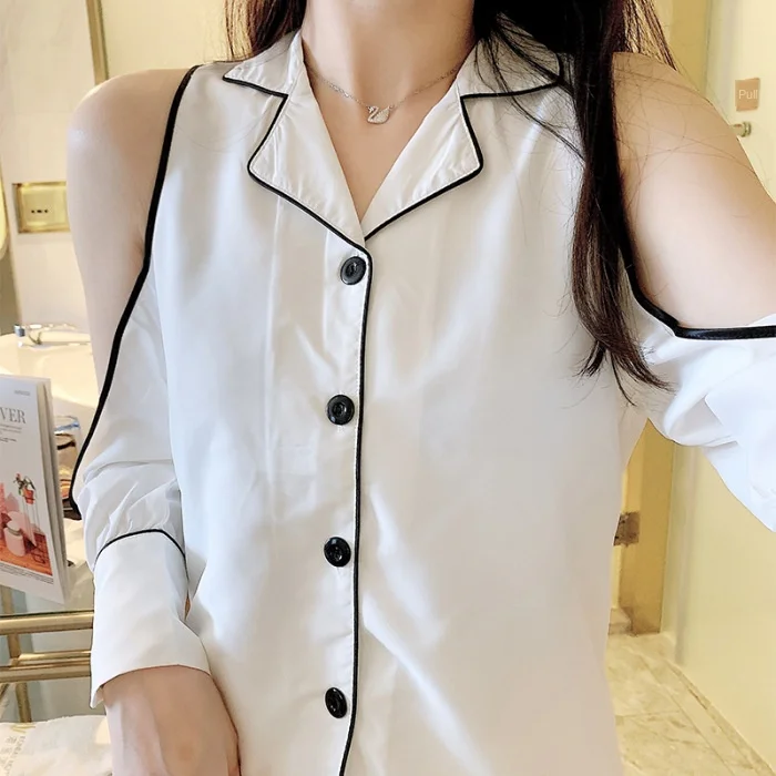 

Women Sexy Pajamas Set off-Shoulder Silk Leisure Tops 2021 New Spring Long Viscose Fiber Pajamas