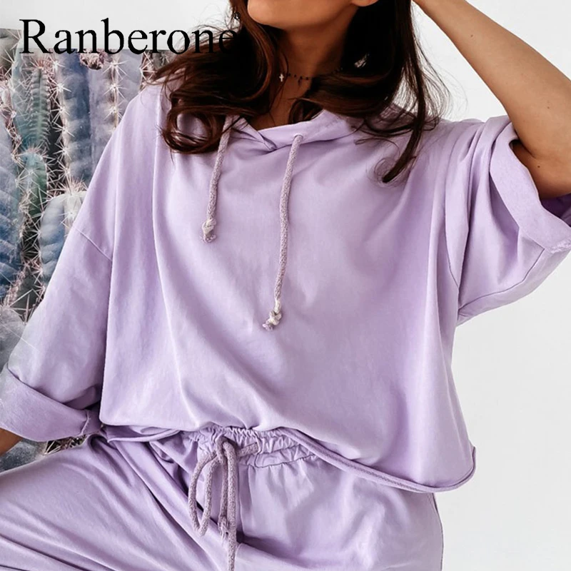 Ranberone Solid Color Casual Women Tracksuit Fashion Drop Shoulder Sleeve Hooded Suit Home Style Sports Suit Autumn 2020 New