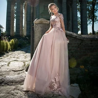 uzn pink a line evening dress scoop neckline half sleeves satin and tulle prom gown lace appliques party dress