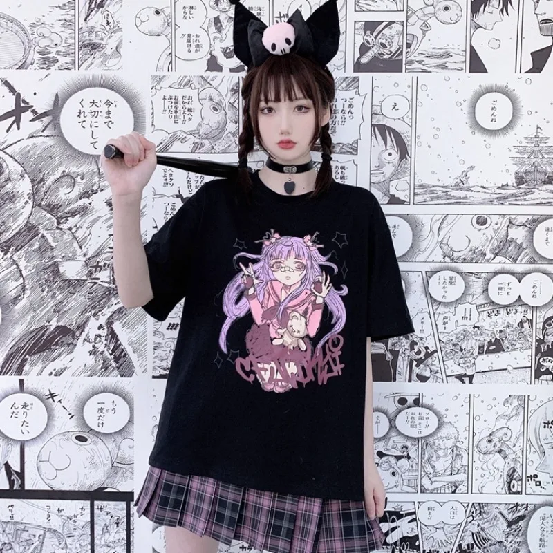 

WHOHOLL Harajuku T-shirts Women's Lovely Cartoon Print Tshirts Loose Oversize Short Sleeve T-shirt Women's Pink T-shirt