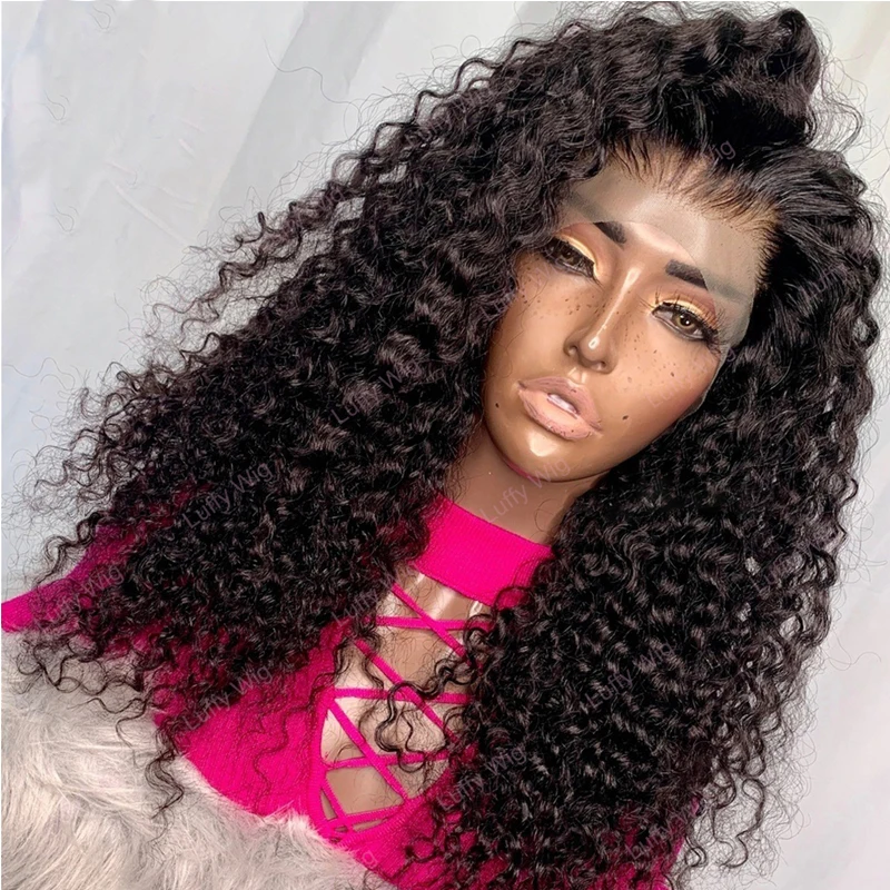 

Kinky Curly Loose Wave Natural Black Colored Long Lace Front Wig Natural Hairline For Women With Baby Hair Synthetic 150%Density