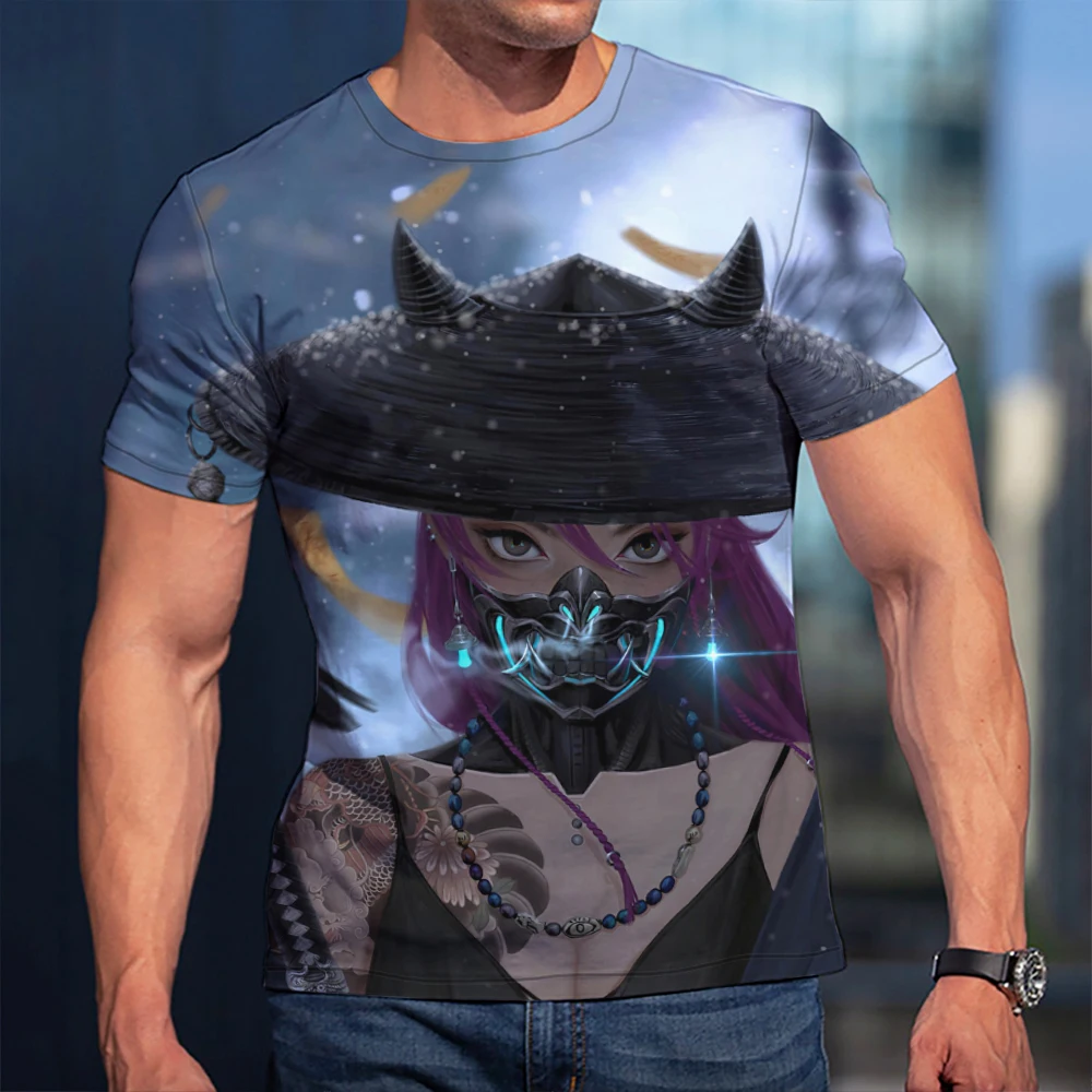 

3D Oversized Men T Shirt Oni Samurai Mask Tattoo Pattern Streetwear Roundneck Lovers Couple Style Tees Shirts Casual Breathable