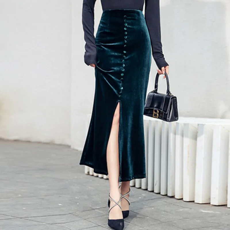 

Женская бархатная юбка миди с разрезом, осенне-зимняя однобортная Элегантная черная юбка-годе с высокой талией, 2021