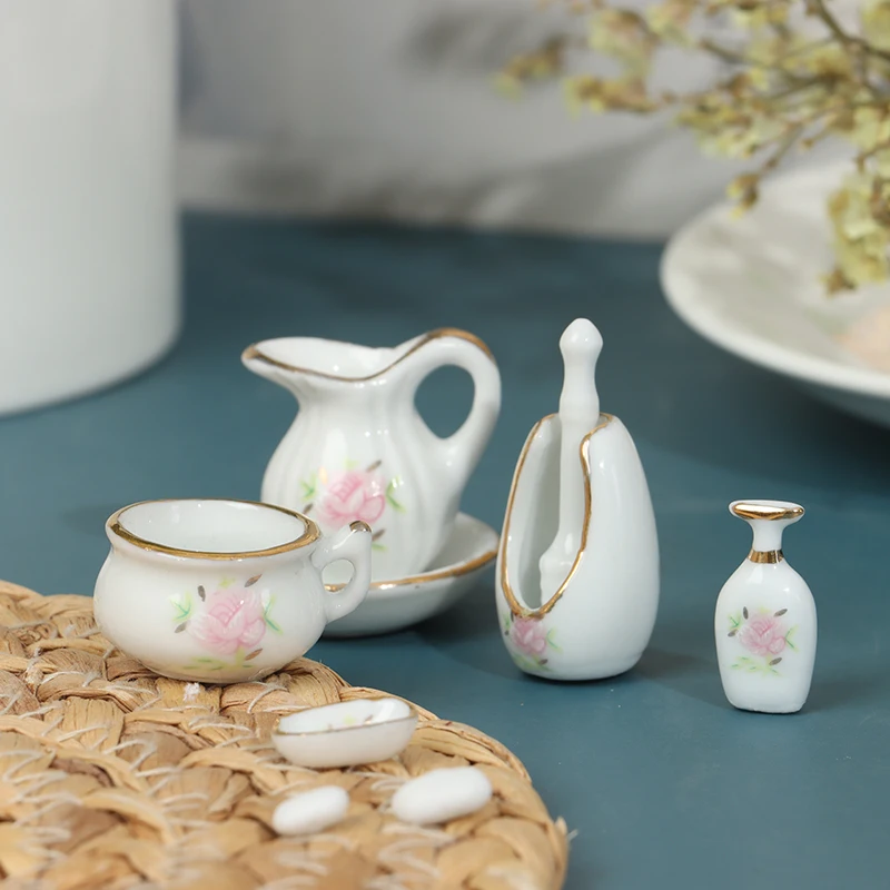 

8 Pcs/Set 1/12 Dollhouse Miniature Bathroom Accessory Toiletries Rose Floral Ceramic Dollhouse Furniture Accessories