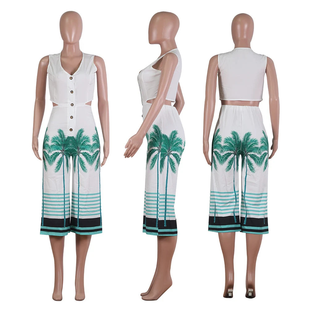 Комбинезон женский тропический однобортный пикантный ромпер с широкими