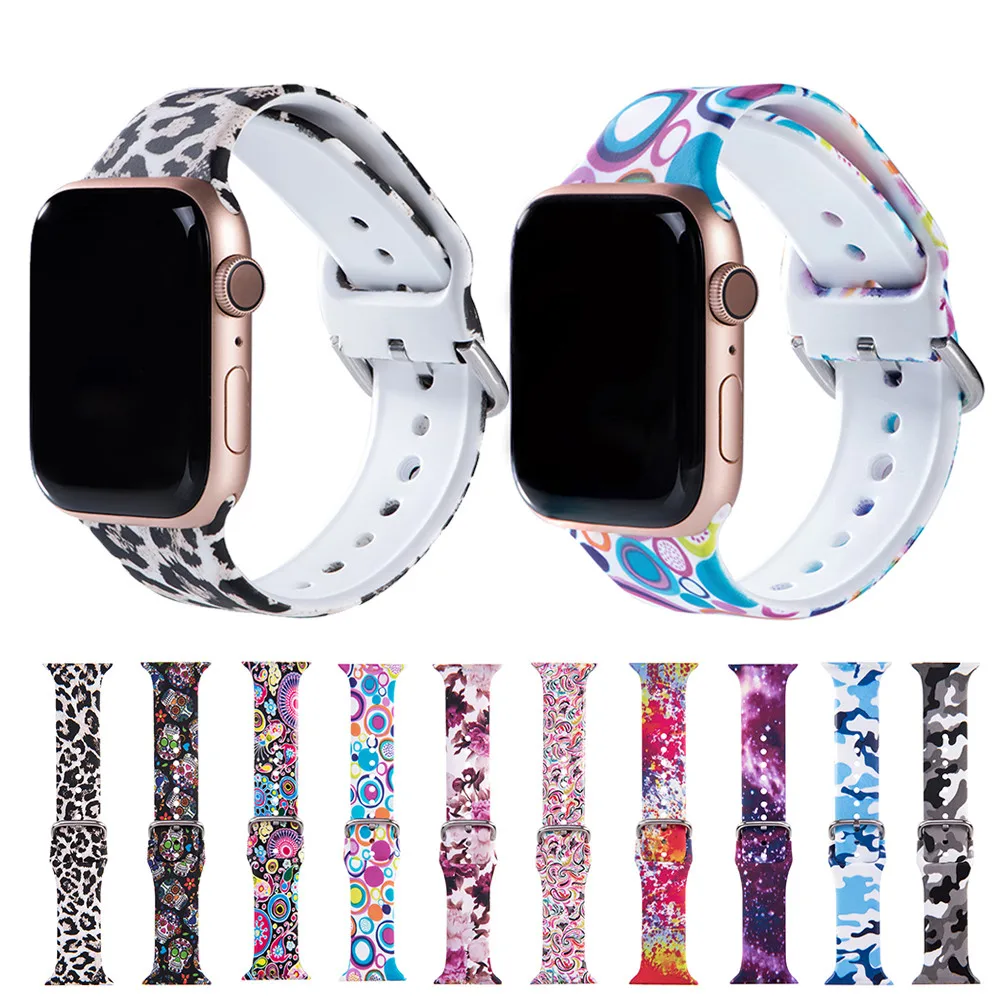 Ремешок силиконовый спортивный для Apple Watch 40 мм 44 42 38 цветной браслет с рисунком