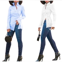 korean chic french shirt simple lapel personality irregular design lace up waist long sleeve shirt blouse women