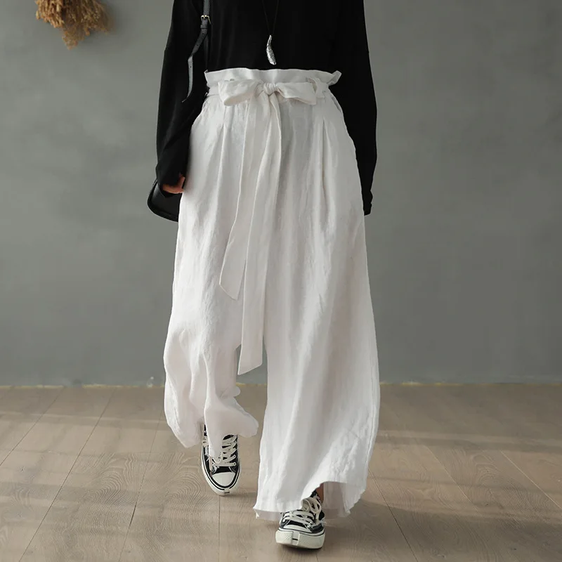 

2022 Autumn New Casual Lace-up High Waist Thin Wide Leg Pants Simple Solid Color Retro Art Loose Women Trousers Free Shipping