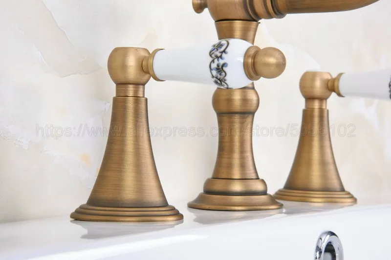 Кран для раковины Античная латунь 3 отверстия ванной комнаты кран на бортике