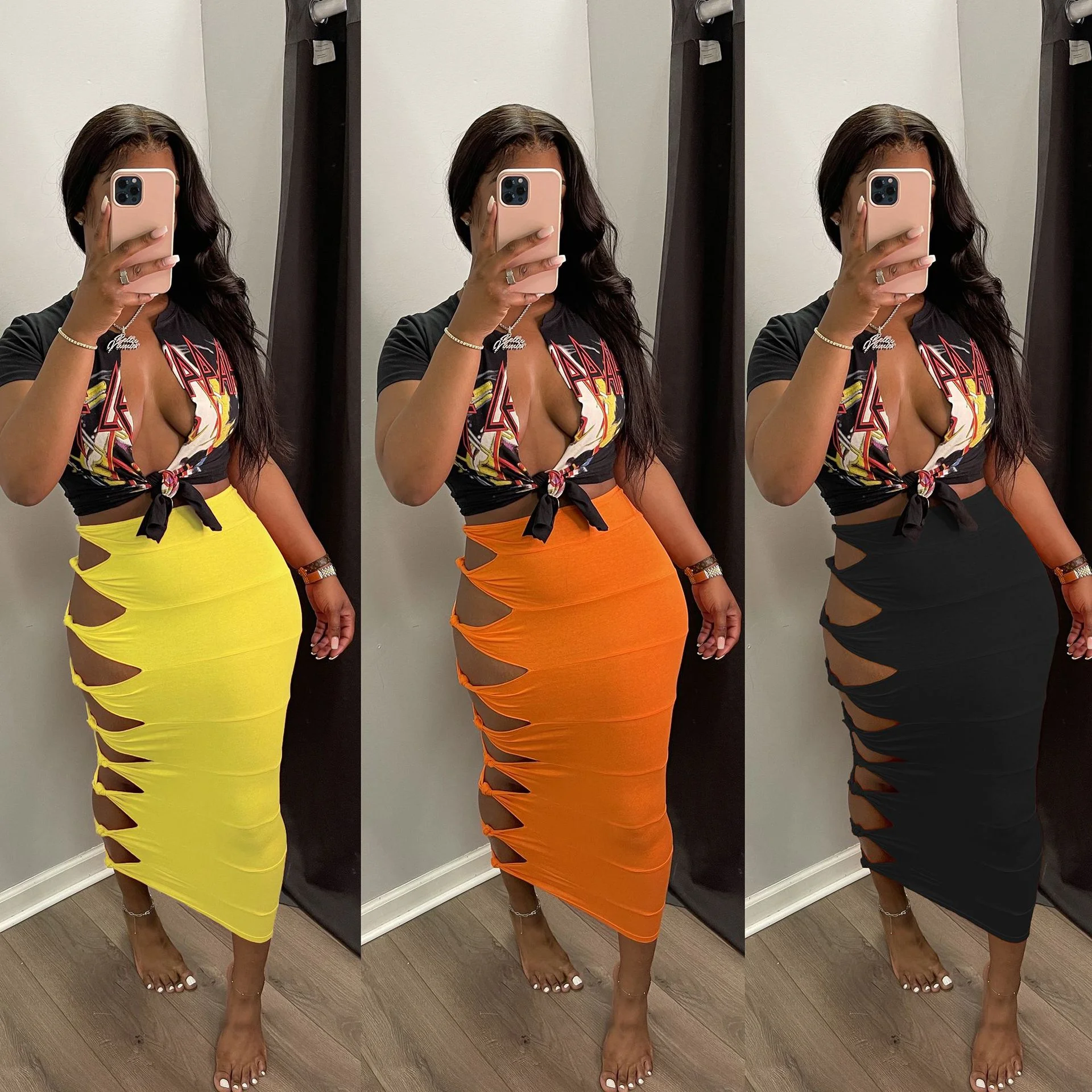 

High Waist Maxi Pencil Woman Skirt Sexy Hollow Out Knot Stitching Skirts Solid Bodycon Slim Skinny Party Nitgt Club Long Skirts