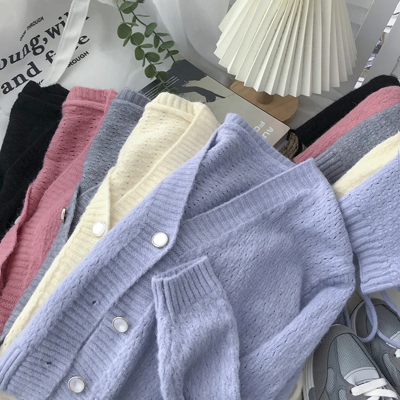 Осенний вязаный однобортный Кардиган с V-образным вырезом и длинным рукавом